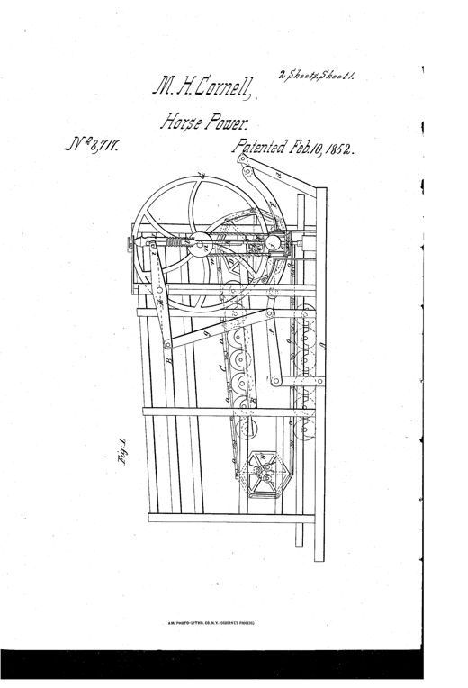 Two patent drawing sheets show a side and end elevation of a wooden-framed horse-power treadmill machine with an endless linked platform running over polygonal drums, fly wheels, a curved friction brake beam, and a ball-type centrifugal governor with connecting levers and rods.