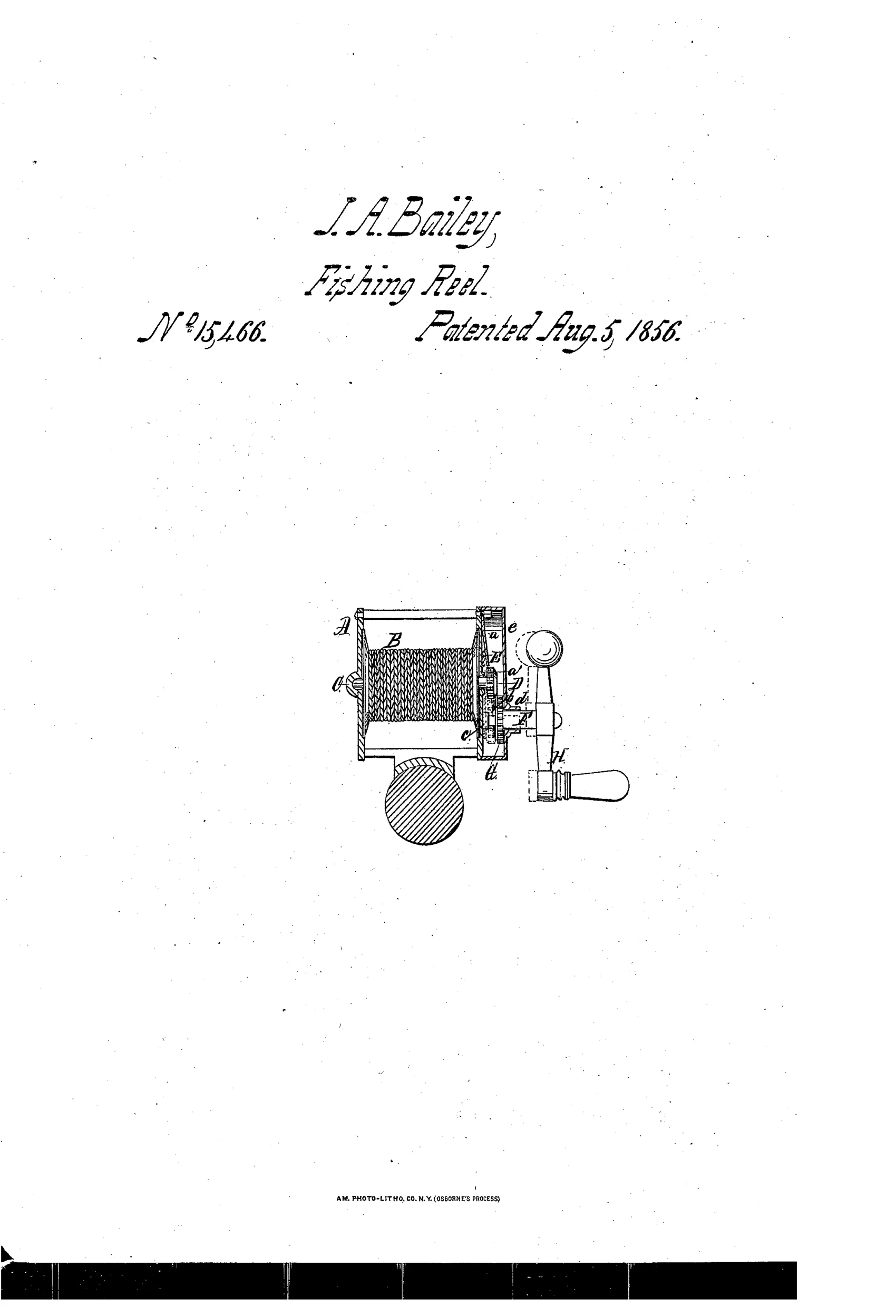 Patent drawing of a fishing reel in longitudinal section, showing the wound spool B inside frame A, with a bevel-pinion D, spring E, sliding hollow crank-shaft F, bevel-wheel G, and an offset crank handle H attached at the side.