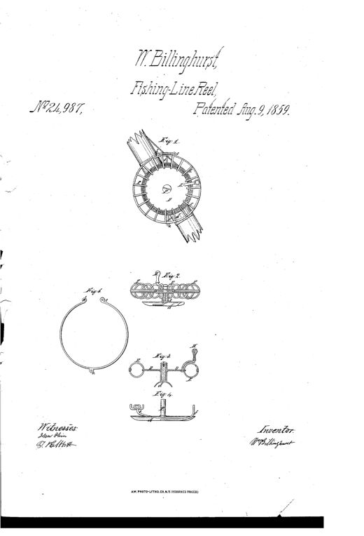 Patent drawing showing a circular skeleton fishing reel mounted on a rod section, with a central rotating disk, divided peripheral rings forming a tubular ring for line, and a side handle for winding, alongside detail views of the ring components and mounting plate.