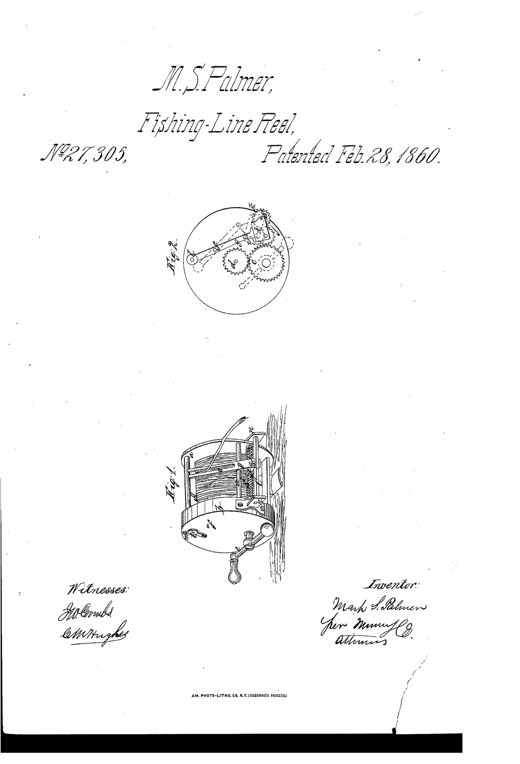Patent drawing of a fishing reel mounted on a wooden post, showing a spool of line, a crank handle, and a sliding bar mechanism (Fig. 1), alongside a circular end view revealing the internal gear train (Fig. 2).