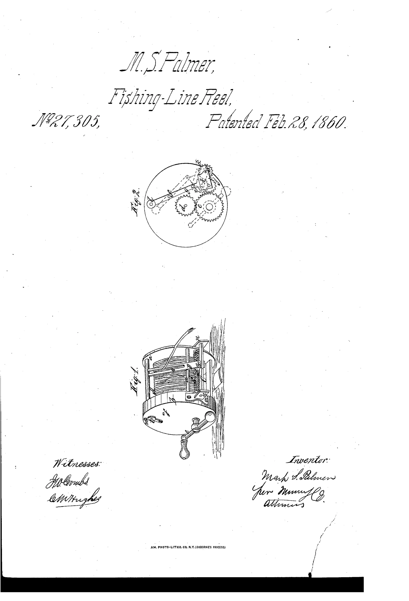 Patent drawing of a fishing reel mounted on a wooden post, showing a spool of line, a crank handle, and a sliding bar mechanism (Fig. 1), alongside a circular end view revealing the internal gear train (Fig. 2).