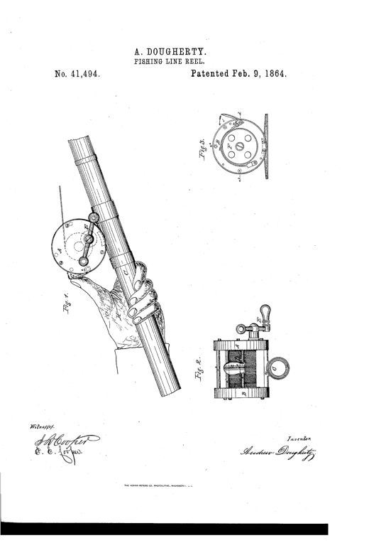 Patent drawing showing a hand gripping a fishing rod with a round reel attached (Fig. 1), a separate face view of the reel body (Fig. 2), and an end view of the reel with the cap removed exposing internal gearing and brake mechanism (Fig. 3).