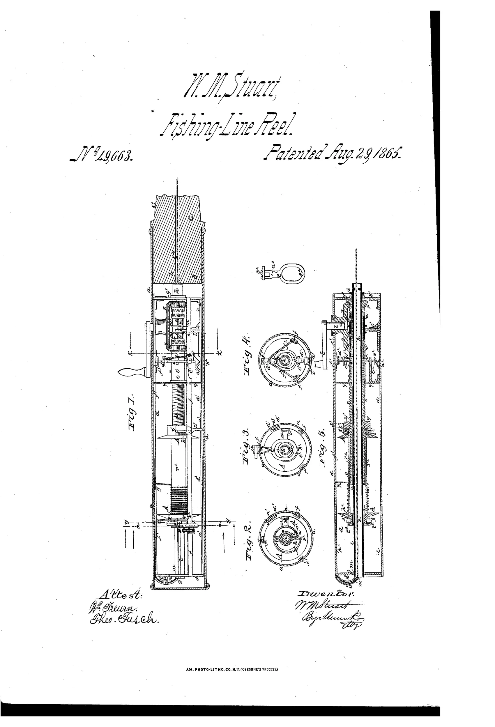 Patent drawing showing a long cylindrical fishing pole casing containing an internal reel and gear mechanism, with a side crank handle and several cross-sectional views of the gear and clutch assembly labeled Fig. 1 through Fig. 5.