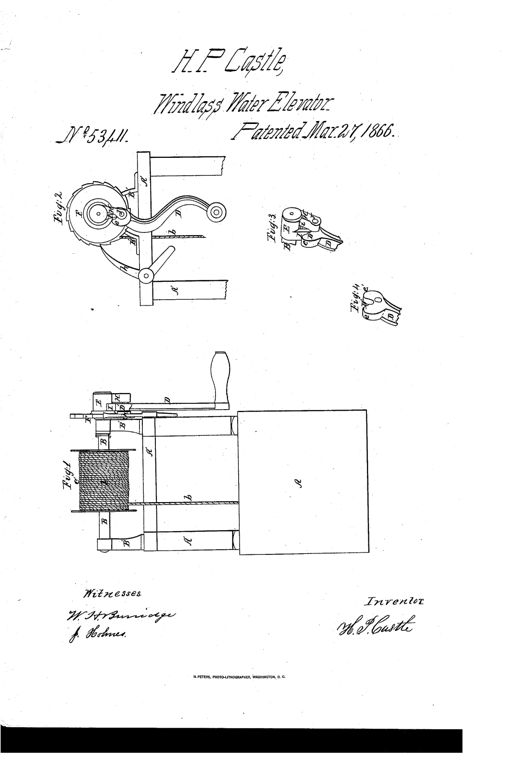 Patent drawing of a windlass water elevator showing a well-curb frame with a shaft, rope drum, ratchet wheel, crank, and clamp mechanism, along with detailed close-up sections of the clamp and forked crank.