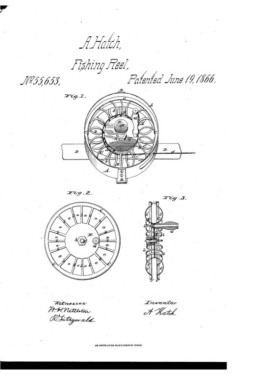 Patent drawing of a fishing reel showing a circular skeleton spool with radiating ribs inside a banded frame, a crank handle, and a side view of the spool's stamped sheet-metal construction.