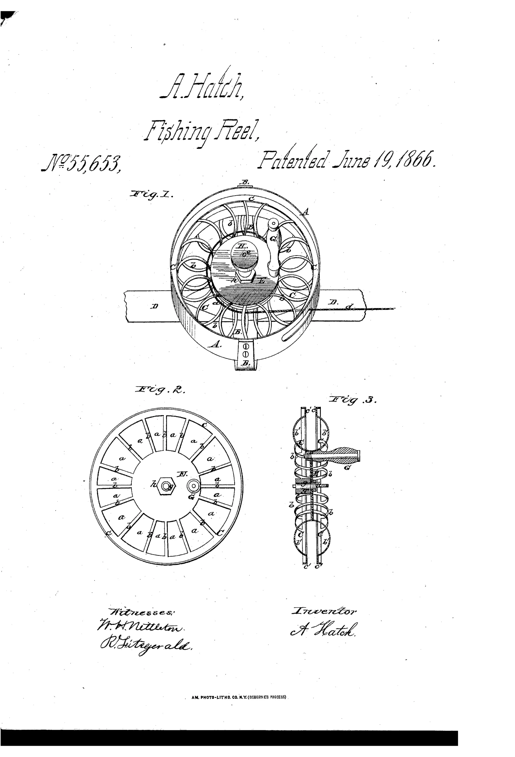 Patent drawing of a fishing reel showing a circular skeleton spool with radiating ribs inside a banded frame, a crank handle, and a side view of the spool's stamped sheet-metal construction.
