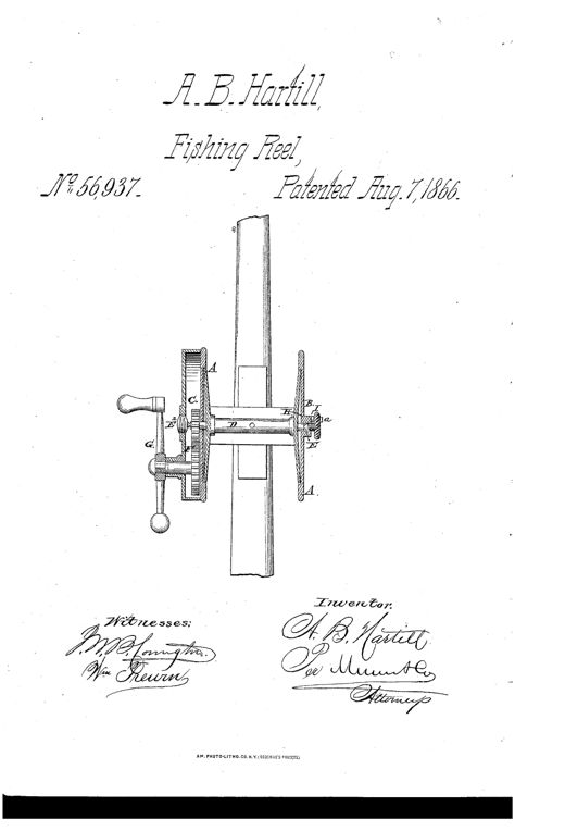 Cross-sectional line drawing of a fishing reel showing the spool D mounted between two head plates C and B, with gear teeth F, a crank handle G with wooden knob, and labeled parts including center pins E and E2, spindle H, and set-screw a, mounted on a vertical pillar frame A.