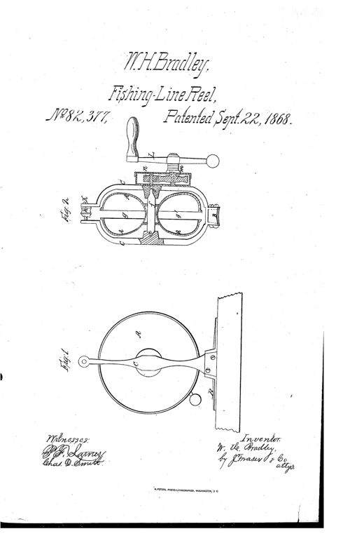 Two patent drawings of a 19th-century fishing reel: Fig. 1 shows a side sectional view of a round disk reel mounted on a foot-plate attached to a rod, with a small ball-tipped crank; Fig. 2 shows a top cross-section revealing two circular spool disks connected by a shaft, gears, and a crank handle above.