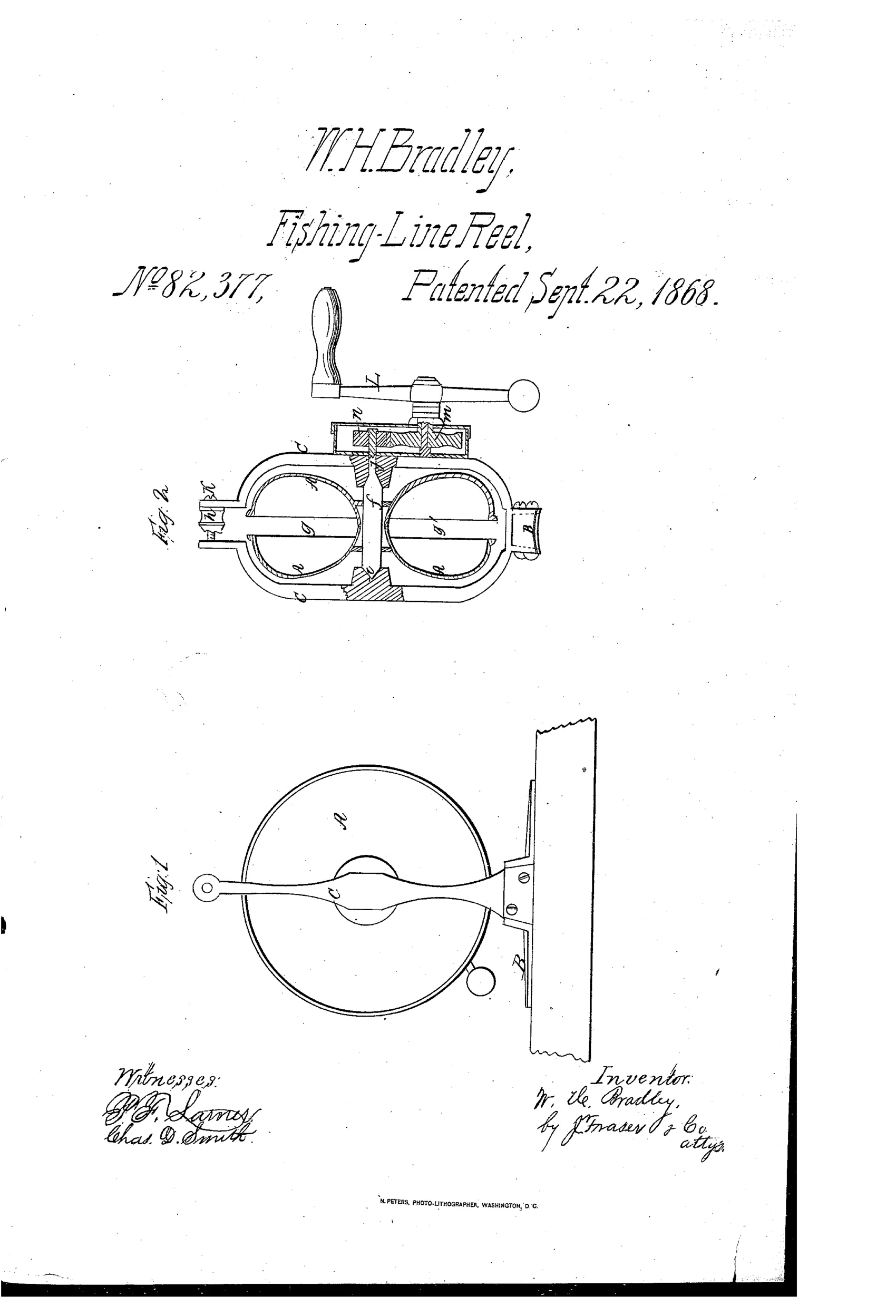 Two patent drawings of a 19th-century fishing reel: Fig. 1 shows a side sectional view of a round disk reel mounted on a foot-plate attached to a rod, with a small ball-tipped crank; Fig. 2 shows a top cross-section revealing two circular spool disks connected by a shaft, gears, and a crank handle above.