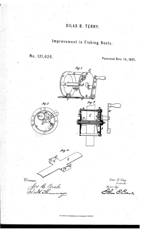 Patent drawing of a 19th-century multiplying fishing reel showing an assembled perspective view with crank handle, an internal gear view, a cross-section revealing the spool and pinion, and a detached bridge plate.