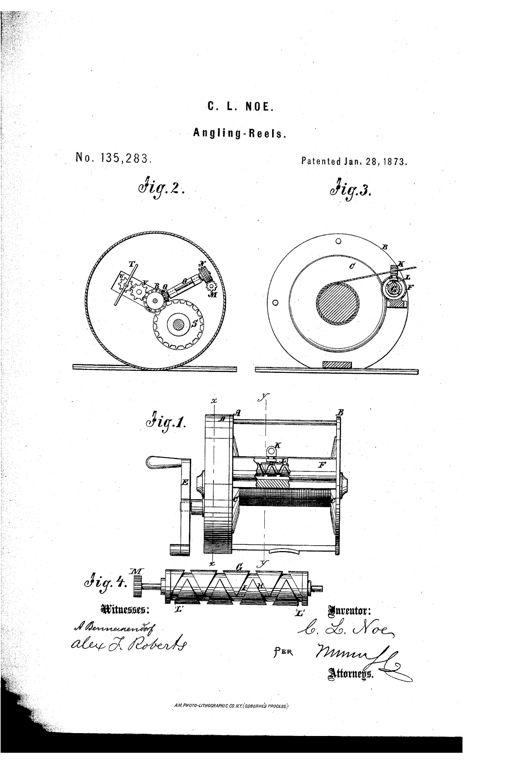 Patent drawing of a 19th-century fishing reel showing a front elevation with hand crank and level-wind mechanism, plus two circular sectional views revealing internal gearing including a fan-shaped brake regulator, small pinions, and a spiral-grooved traversing screw for the line guide.