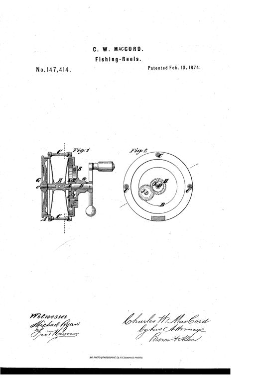 Patent drawing showing a cutaway side view of a fishing reel with crank handle and internal gears (Fig. 1), and a front view of the reel's back plate exposing a set of interlocking gear wheels labeled H, I, J, K (Fig. 2).