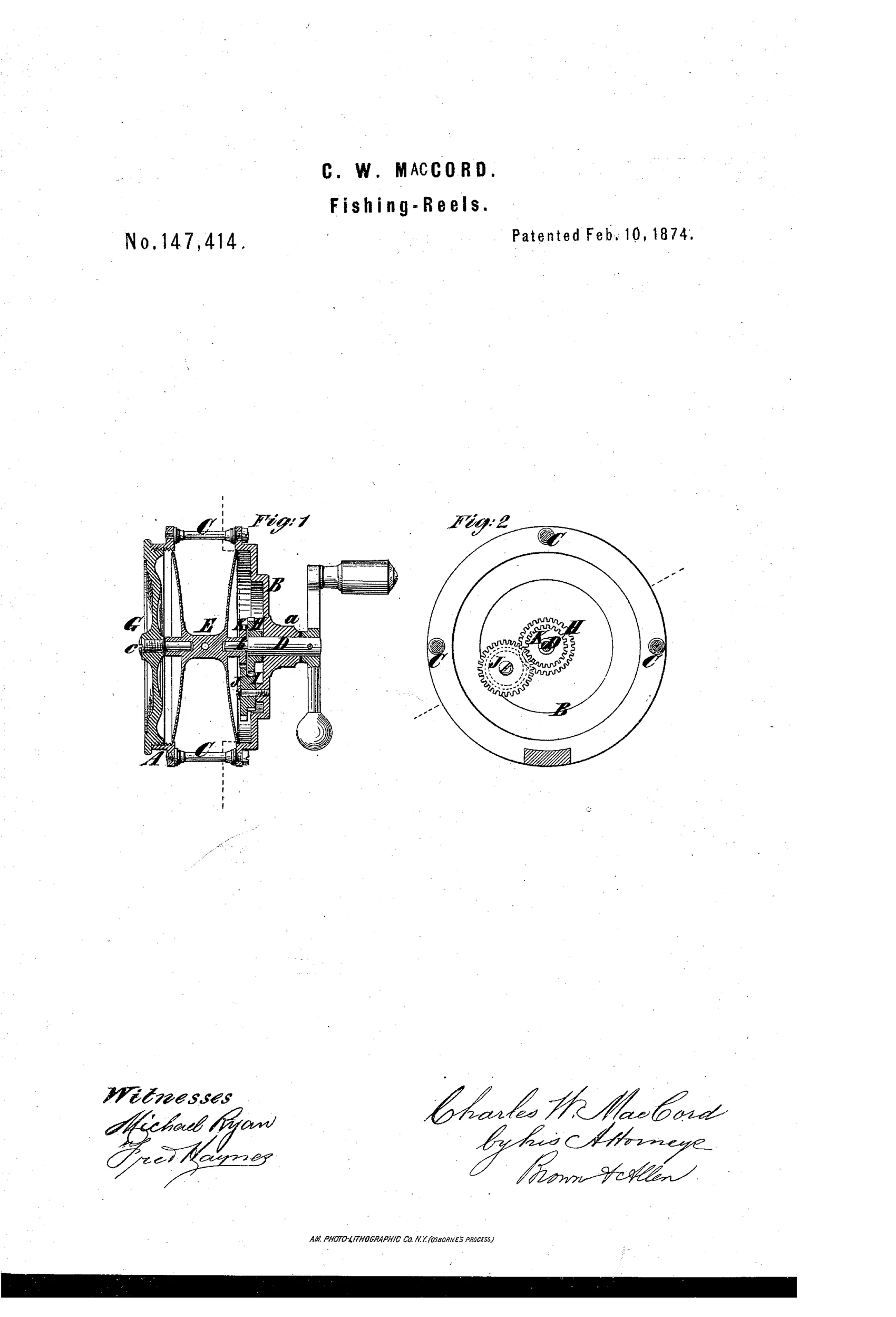 Patent drawing showing a cutaway side view of a fishing reel with crank handle and internal gears (Fig. 1), and a front view of the reel's back plate exposing a set of interlocking gear wheels labeled H, I, J, K (Fig. 2).