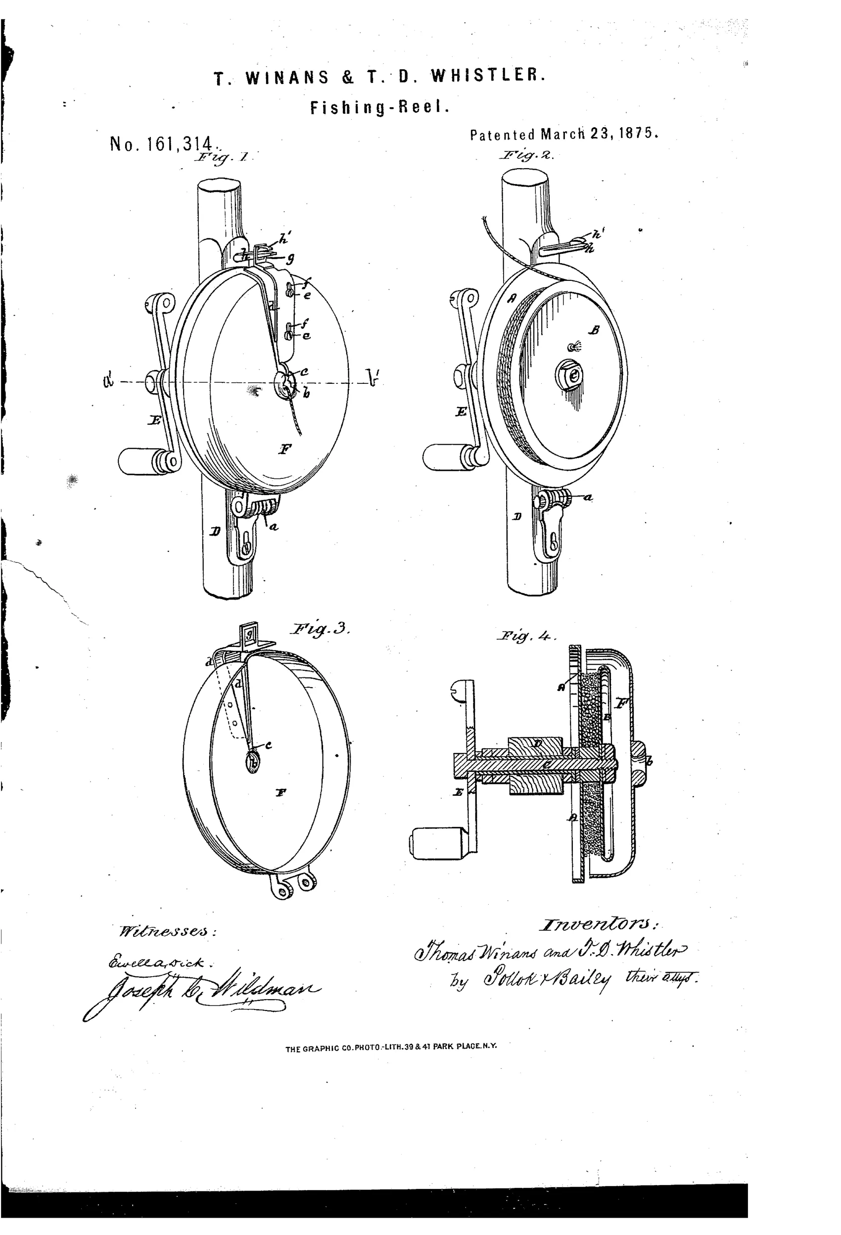 Patent drawing of a fishing reel mounted on a rod butt, showing a crank handle, two side disks, a hinged cover with sliding gate, and an axial line guide eye, plus a cross-sectional view of the internal shaft and disks.