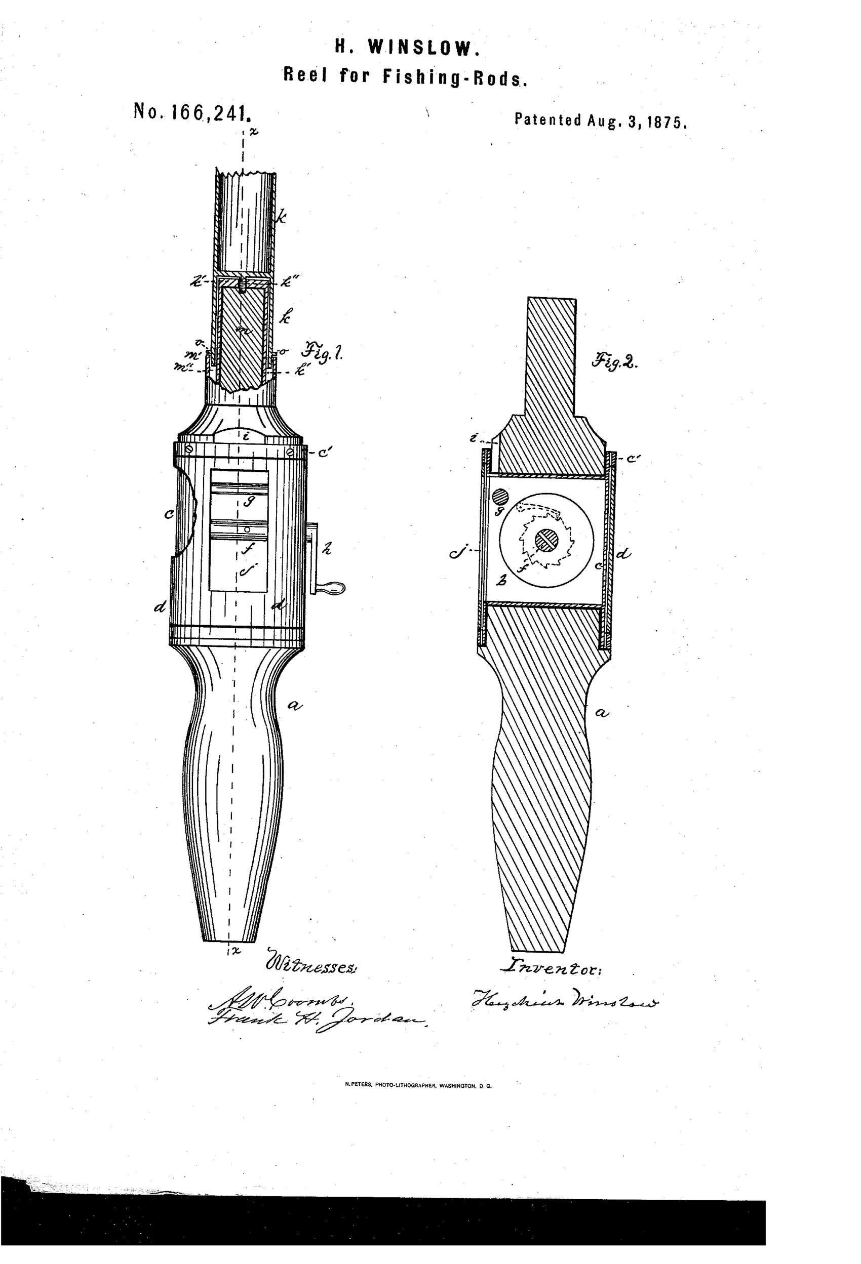 Two patent drawings of a fishing-rod handle with an internal reel: Figure 1 shows a front elevation with the rod tip, reel box, crank, and carved wooden handle, while Figure 2 shows a longitudinal cross-section revealing the circular reel with ratchet teeth and pawl inside the handle.