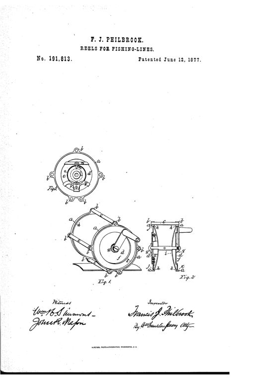 Patent drawing of a circular fishing reel showing a perspective view with crank handle and cross-bar frame (Fig. 1), a cross-sectional side view (Fig. 2), and an internal view of the click mechanism with ratchet, dog, and spring (Fig. 3).