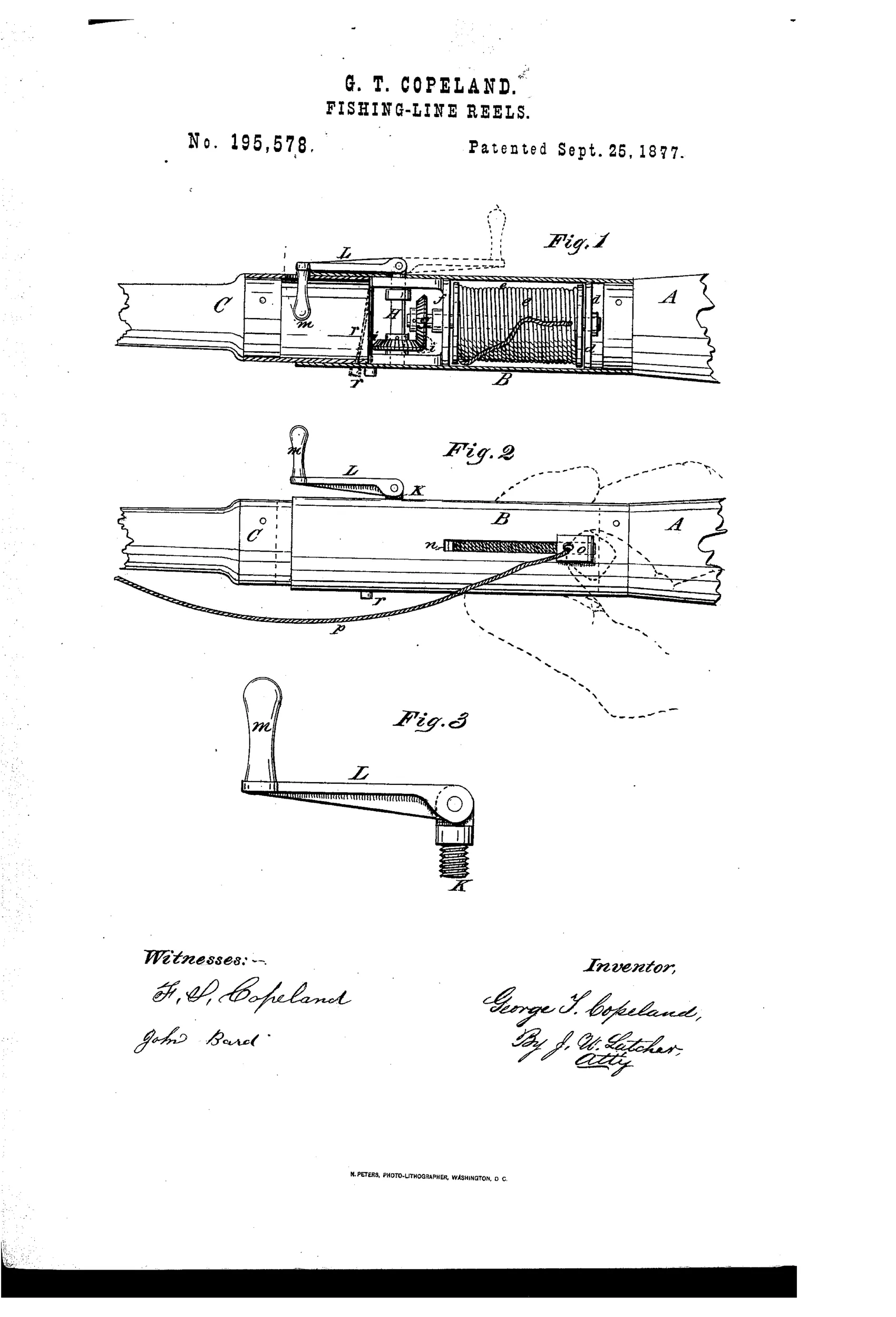 Patent drawing of a fishing rod reel showing a metal reel-case with an internal geared spool, a folding crank handle that pivots into the rod, and a sliding line guide along a slotted case, with a separate close-up of the detachable crank and screw shaft.