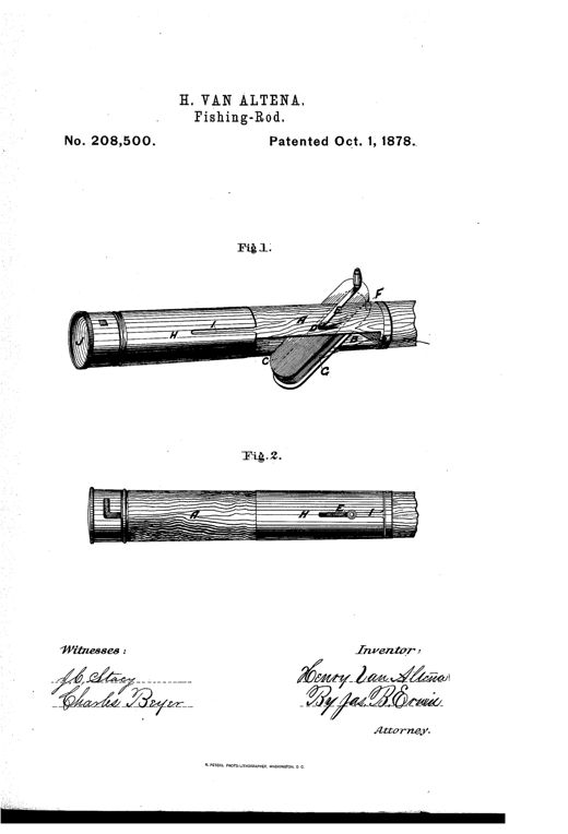 Patent drawing of a fishing rod segment showing an elongated winding-bar reel with crank set into a slotted section, alongside a sliding protective tube and end cap tackle compartment.