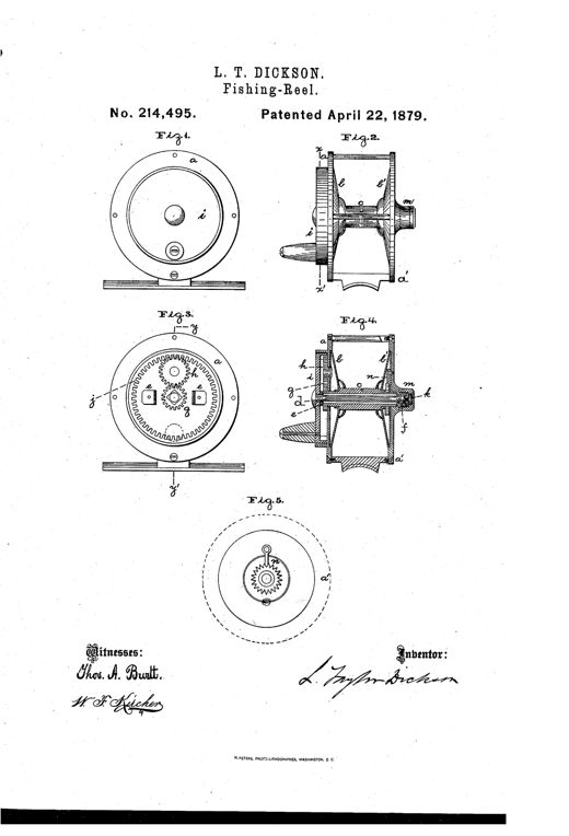 Patent drawing of a round fishing reel showing five figures: a side view with mounting foot, a front cross-section revealing the crank, spool-drum, and driving-shaft, two internal gear-train sections labeled with letters a through n, and a small circular detail of the click mechanism.