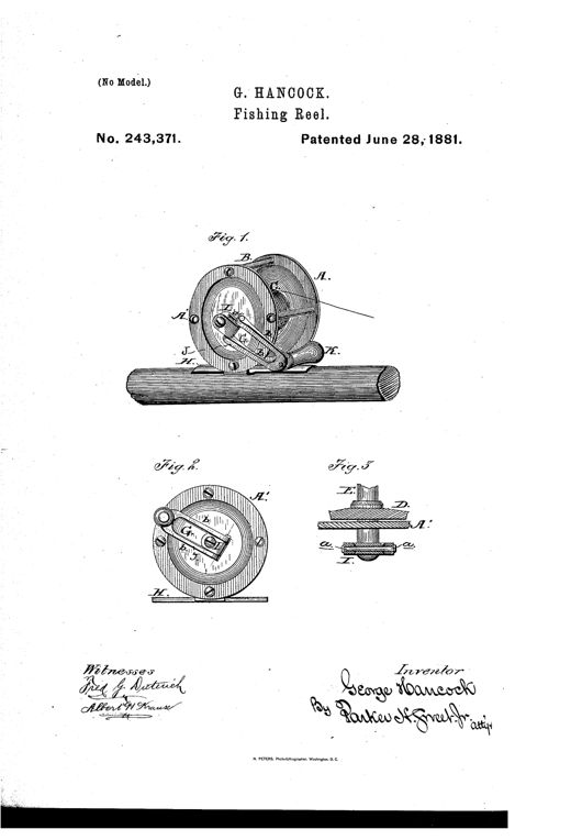 Patent drawing of a fishing reel mounted on a rod section, showing the spool, end plates, and a folding crank handle that locks against the frame to stop the line, with two smaller detail views of the crank mechanism below.
