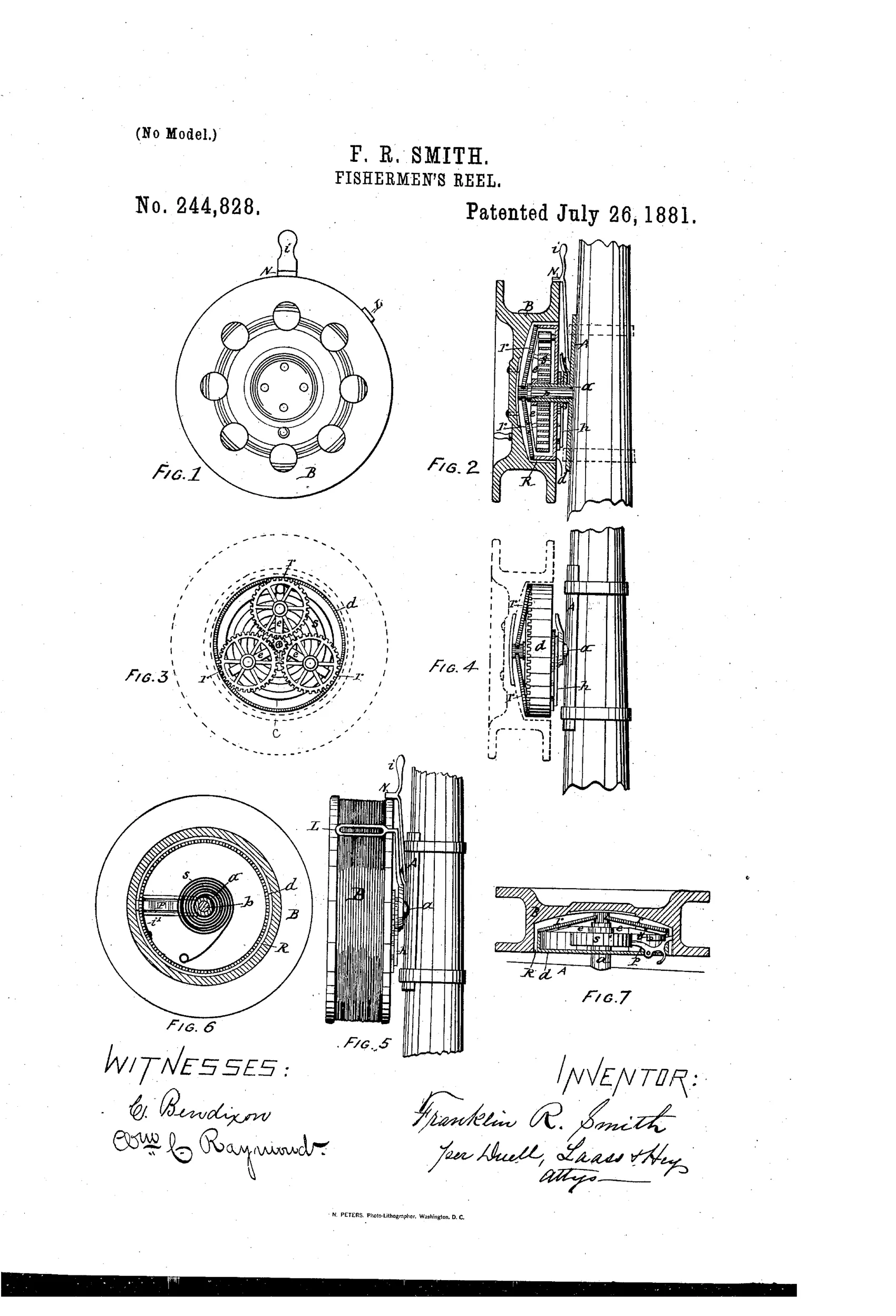 Patent drawing sheet showing seven views of a circular fishing reel with an internal gear train, coil spring, spool, and side-mounted brake handle, labeled Figures 1 through 7.