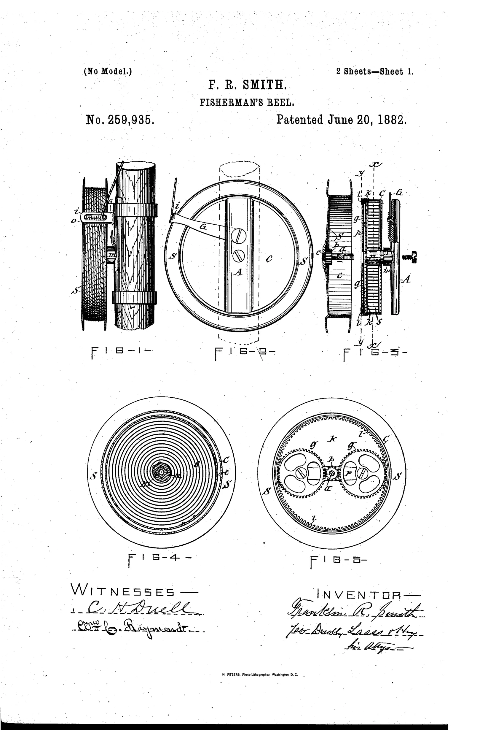 Patent drawing of a fisherman's reel showing an exploded mechanical view with a spooled reel attached to a wooden rod, gears, a coiled spring case, and detailed cross-sections labeled with reference letters like S, C, A, and G.