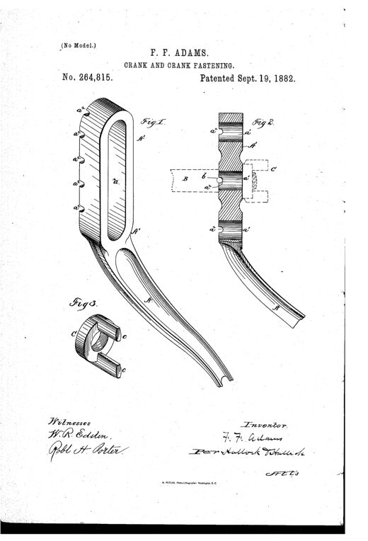 Patent drawing showing a curved hand crank with a slotted or notched head (Figs. 1 and 2) that fits over a shaft pin, and a separate jam-nut with two long parallel ears (Fig. 3) used to lock the crank in place.