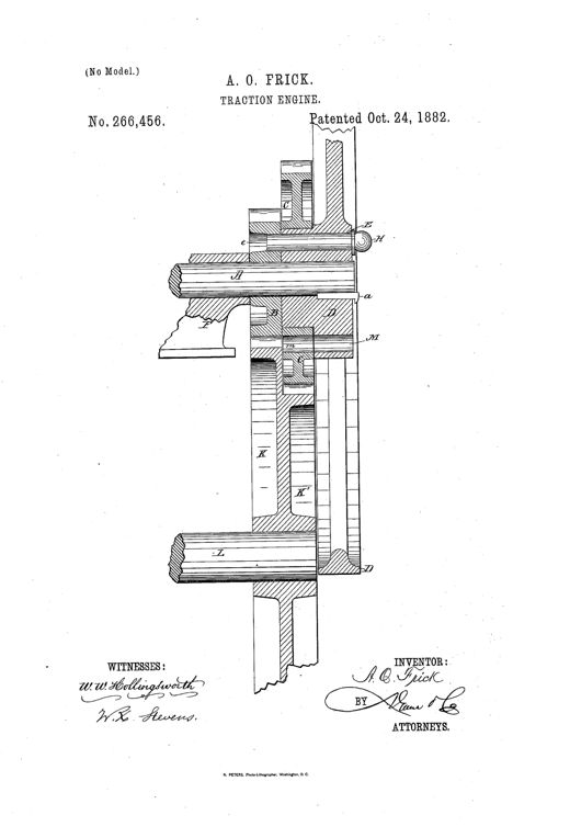 A sectional line drawing of a traction engine gearing assembly showing a main shaft A with fly-wheel D, pinion wheels B and C, spur-wheels K and K', a pillow-block F, and a connecting pin H fitted through aligned holes E, e, M, and m.