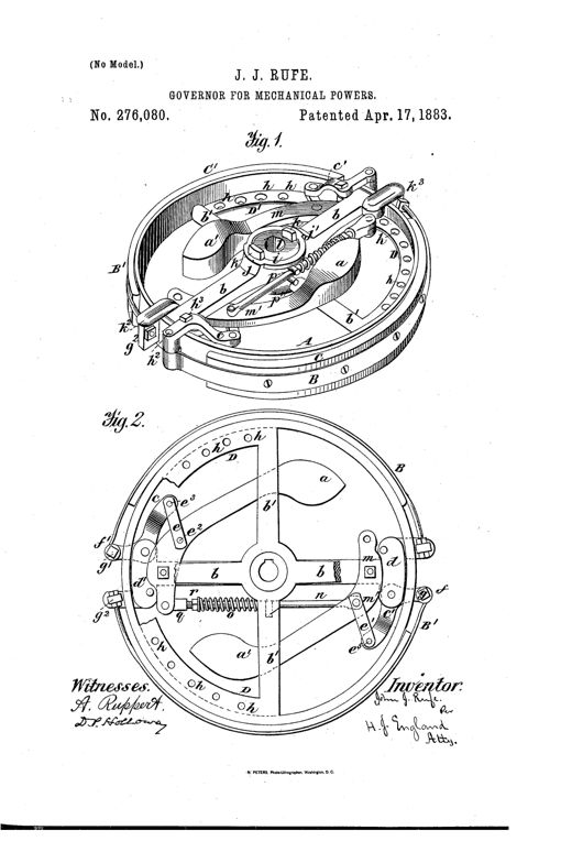 Patent drawing of a circular centrifugal governor wheel with an internal spider arm, weighted pivoting levers, rock-arms, connecting rods, and friction bands wrapped around the wheel's rim, shown in perspective (Fig. 1) and rear plan view (Fig. 2).