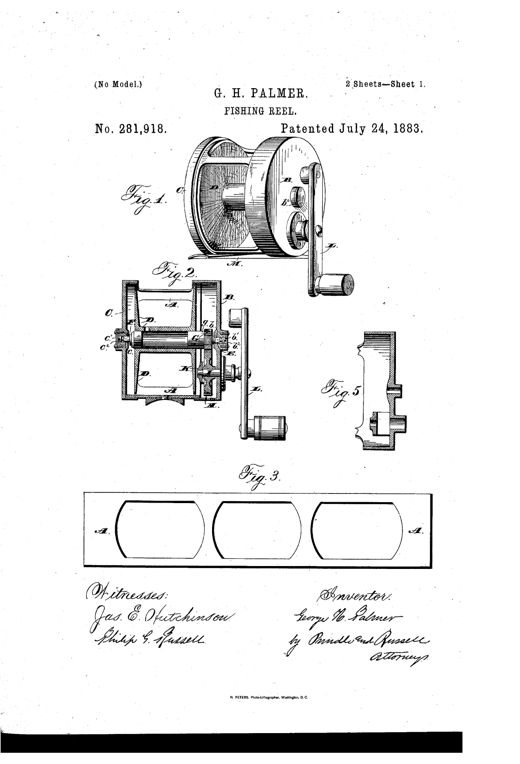 Patent drawing of a cylindrical fishing reel showing its screw-threaded metal drum, cup-shaped end caps, internal spool and pinion gearing, and side crank handle.