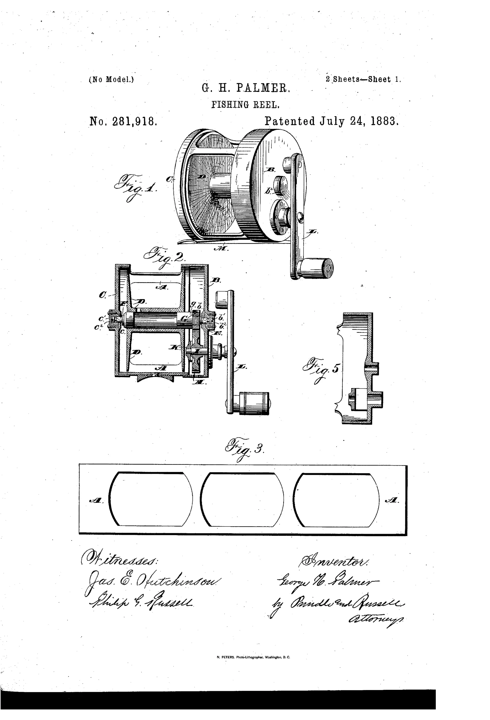 Patent drawing of a cylindrical fishing reel showing its screw-threaded metal drum, cup-shaped end caps, internal spool and pinion gearing, and side crank handle.