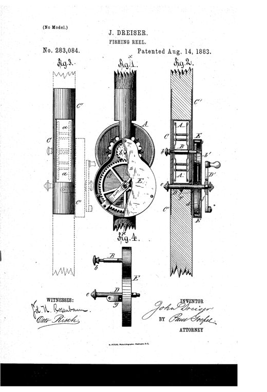 Patent drawing of a fishing reel showing a circular geared reel mounted in-line with a rod stock, with a side crank handle, gear wheel, pinion, and spring mechanism labeled with letters A through E.