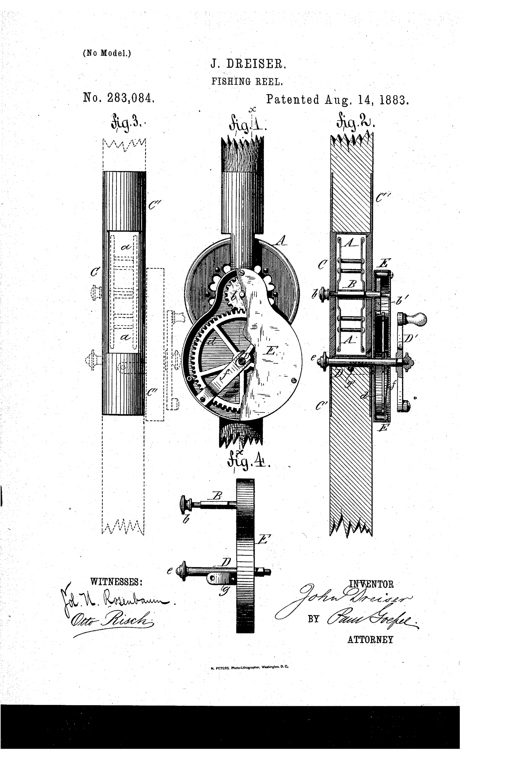 Patent drawing of a fishing reel showing a circular geared reel mounted in-line with a rod stock, with a side crank handle, gear wheel, pinion, and spring mechanism labeled with letters A through E.