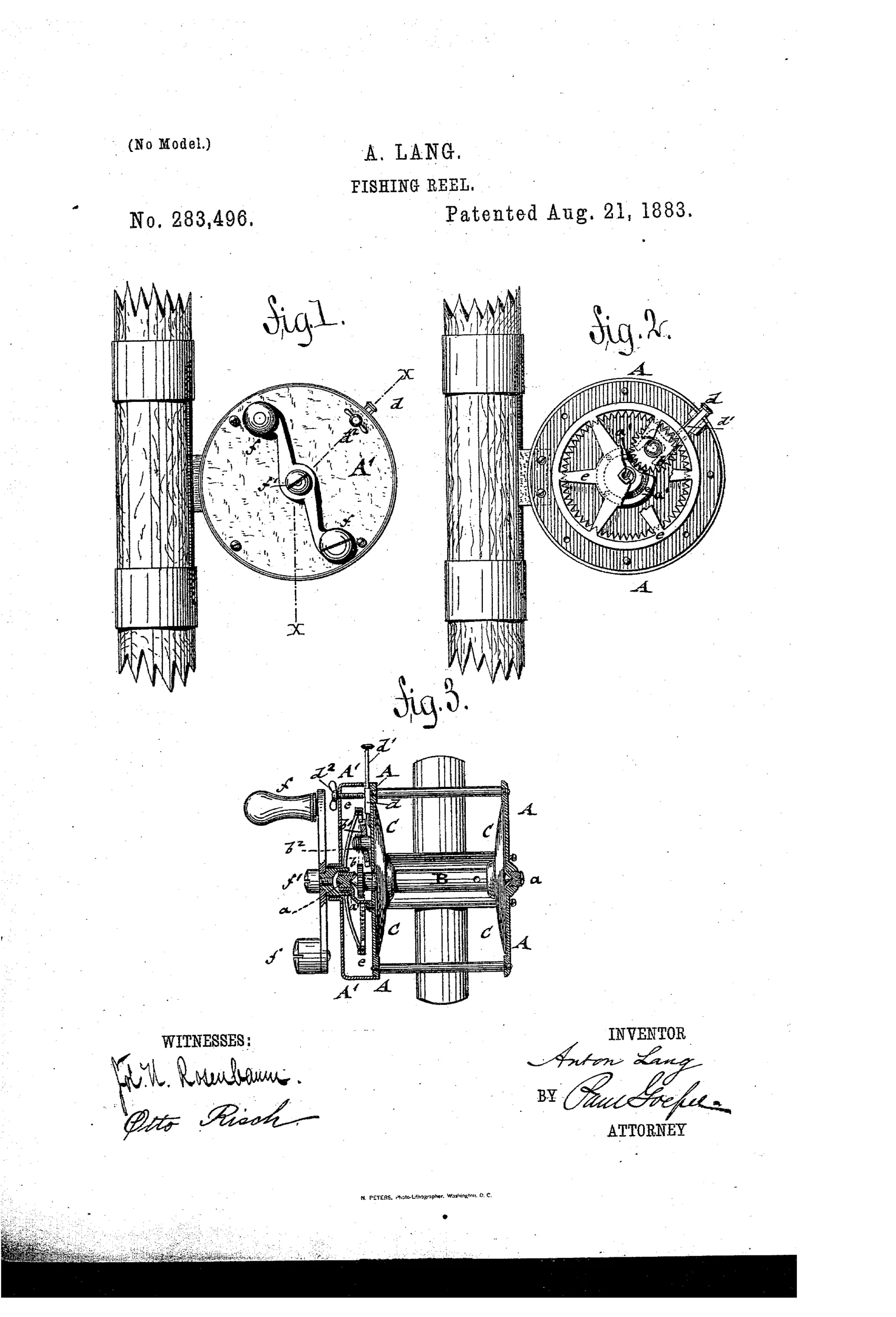 Patent drawing showing a wood-handled fishing reel mounted between two rod sections, with side views revealing internal star-shaped and toothed gears, a crank handle, and a cross-sectional diagram labeling the spindle, gears, and slide mechanism.
