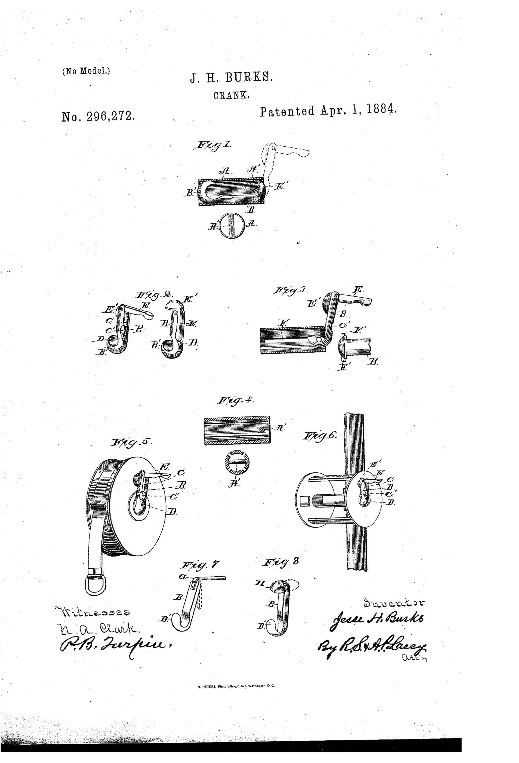 Patent drawing showing a cylindrical casing with a hinged crank arm and pivoting handle that folds flat and stores inside the tube, with additional views showing the mechanism applied to a tape-line reel and a fishing-rod reel.