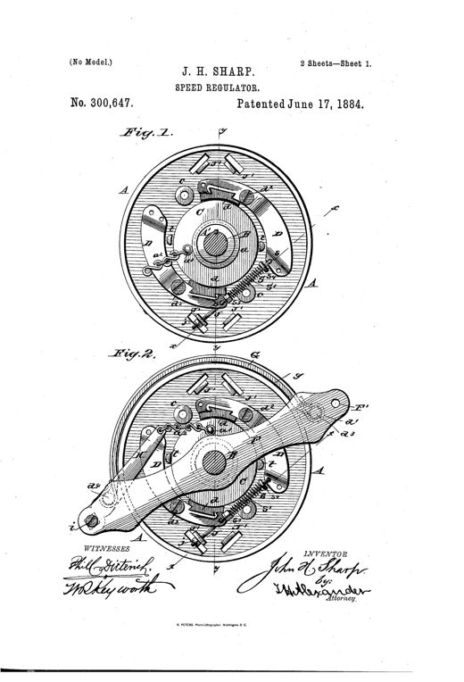 Patent drawing sheets showing a circular flanged wheel with internal gripping levers and springs (Figs. 1 and 2), a cross-sectional side view (Fig. 3), a curved friction bow lever assembly (Fig. 4), and a sectional detail (Fig. 5), all part of an 1884 mechanical speed regulator.