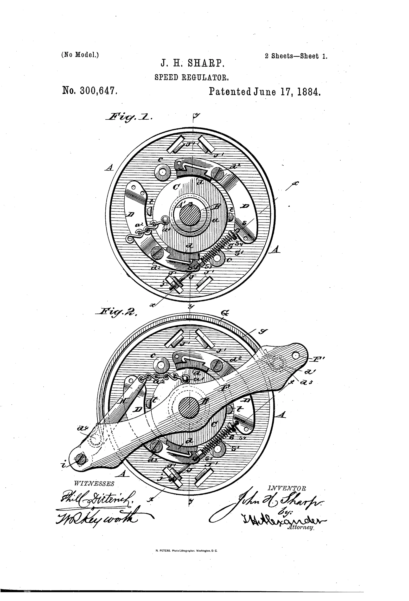 Patent drawing sheets showing a circular flanged wheel with internal gripping levers and springs (Figs. 1 and 2), a cross-sectional side view (Fig. 3), a curved friction bow lever assembly (Fig. 4), and a sectional detail (Fig. 5), all part of an 1884 mechanical speed regulator.