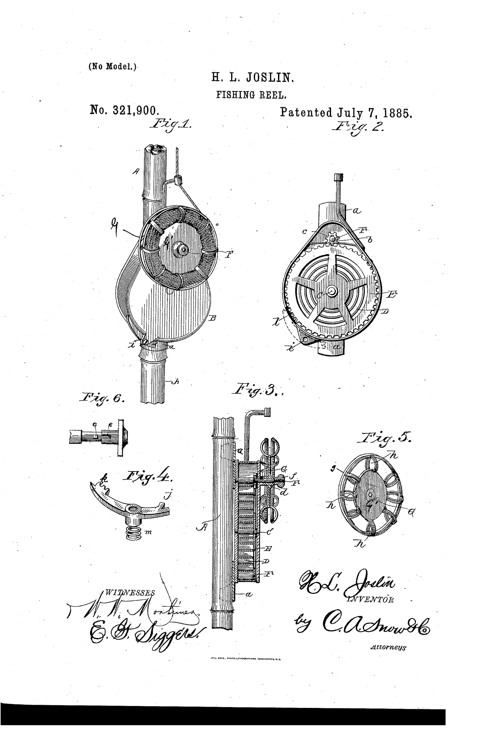 Patent drawing showing a fishing reel with a coiled-wire spool mounted on a rod, an internal casing revealing a spring-driven gear and pinion mechanism, and detail views of the brake lever and pinion shaft.