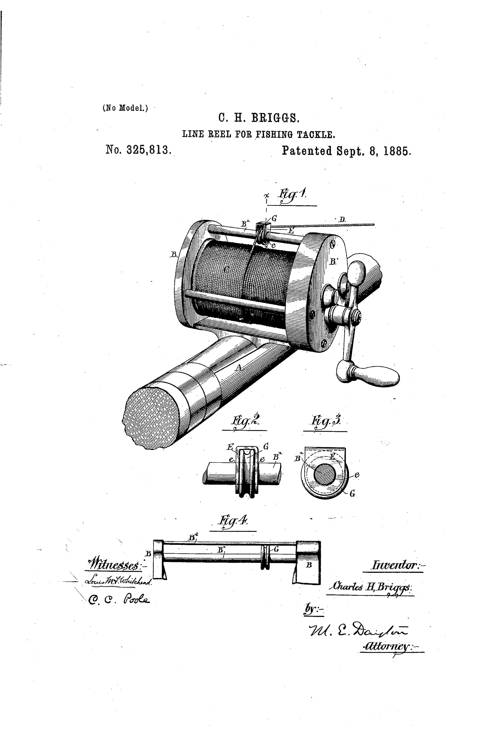 Perspective patent drawing of a fishing reel mounted on a rod handle, showing the spooled reel, side frames labeled B, a crank with wooden handle, and a small line-guide pulley labeled G and E mounted on a cross-bar above the spool, with smaller detail figures below showing the pulley and bar mechanism.