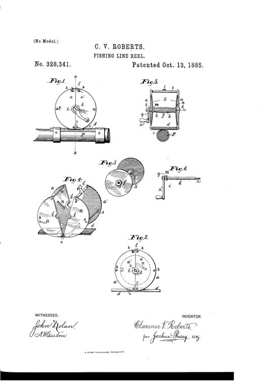Technical patent drawing of a fishing-line reel showing a circular hinged frame mounted on a fishing rod, with a detachable spool, crank handle, and labeled parts a, b, c, d, e, k, n, q, r, s across six figures.