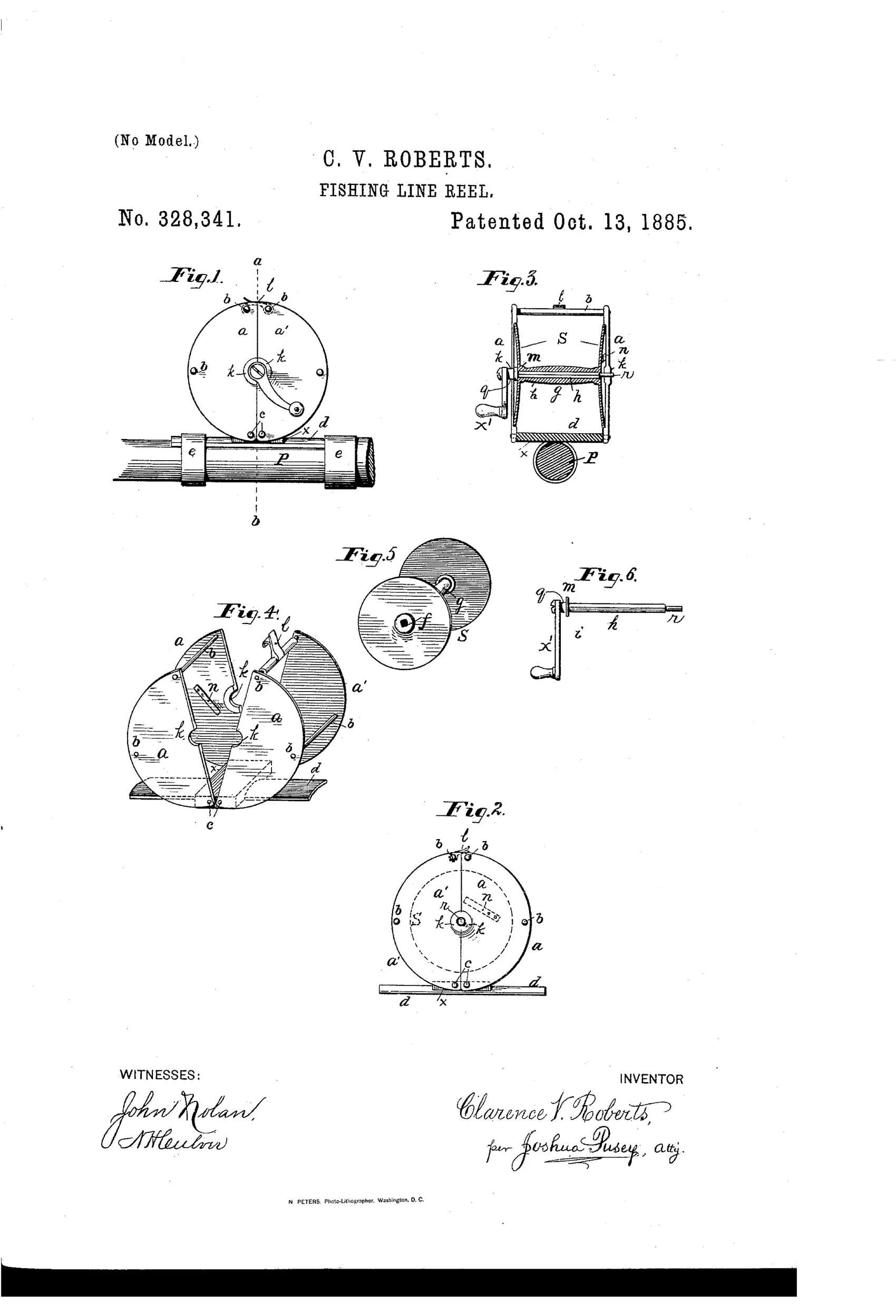 Technical patent drawing of a fishing-line reel showing a circular hinged frame mounted on a fishing rod, with a detachable spool, crank handle, and labeled parts a, b, c, d, e, k, n, q, r, s across six figures.