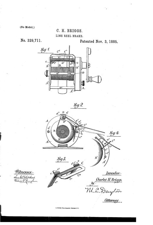 Patent drawing of a fishing reel showing a spooled reel frame with a metal brake plate mounted above it, engaging beveled reel heads, alongside detail views of the brake mechanism and a spring-loaded pivoted variant.