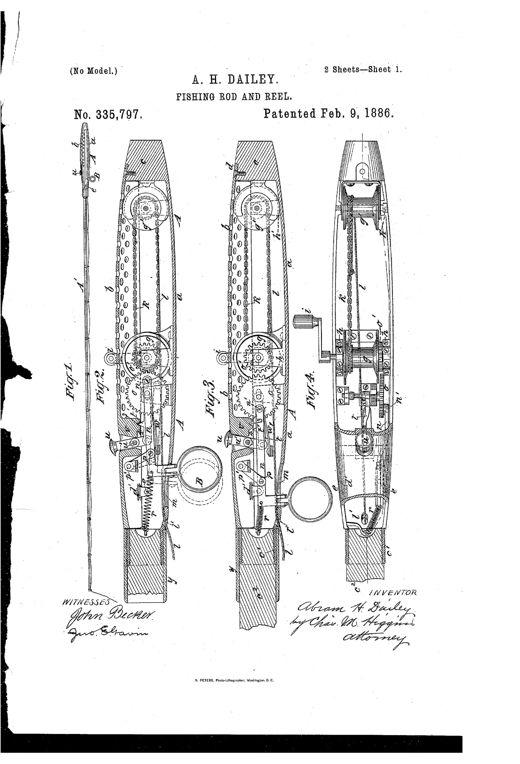 Patent drawing of a fishing rod whose hollow cigar-shaped butt conceals two chain-connected bobbins and multiplying gearing, operated by a finger ring protruding from the side of the butt, with a detailed cutaway showing gears, chain, crank, and a separate perspective view of the mechanism.