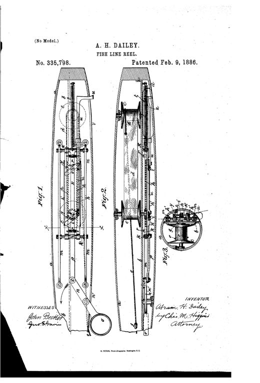 Two long, tapering cutaway views of a fishing-pole butt containing internal reel bobbins, a toothed ratchet wheel, parallel rack bars on a sliding frame, guide rods, and a fingerhole lever at the base, alongside a small circular detail view of the bobbin hub.