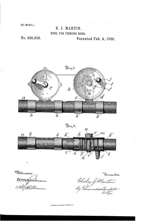 Patent drawing of a fishing-line transferring device showing two circular reel mechanisms mounted on a segmented wooden stick with labeled clamping rings, shafts, and a locking eccentric mechanism, alongside a top view of the same assembly with internal cross-rods and flanges visible.