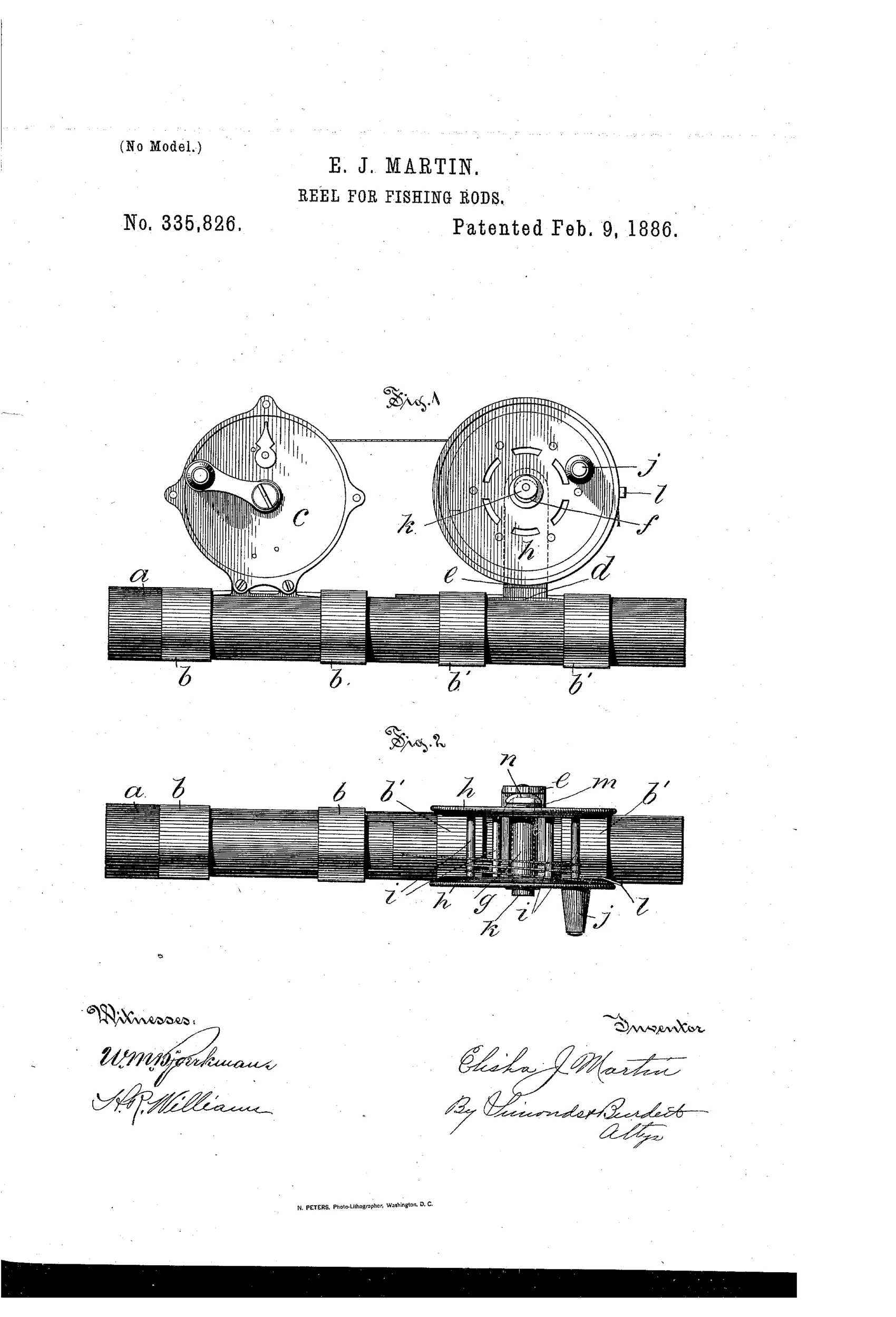 Patent drawing of a fishing-line transferring device showing two circular reel mechanisms mounted on a segmented wooden stick with labeled clamping rings, shafts, and a locking eccentric mechanism, alongside a top view of the same assembly with internal cross-rods and flanges visible.