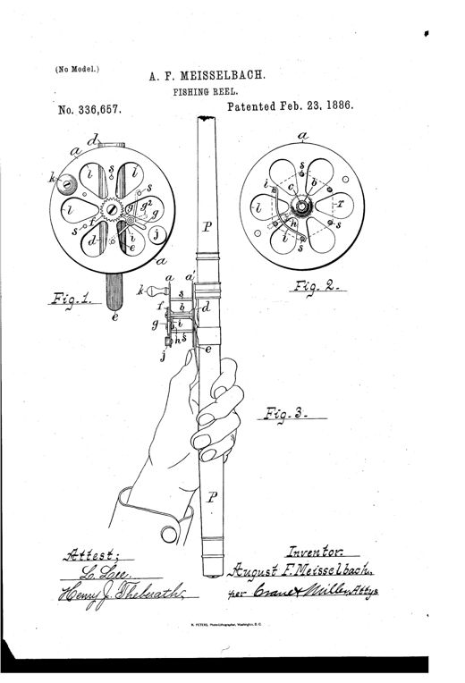 Patent drawing showing a round fishing reel with click and ratchet mechanism, a side view with foot, and an edge view of the reel mounted on a fishing pole held by a hand.