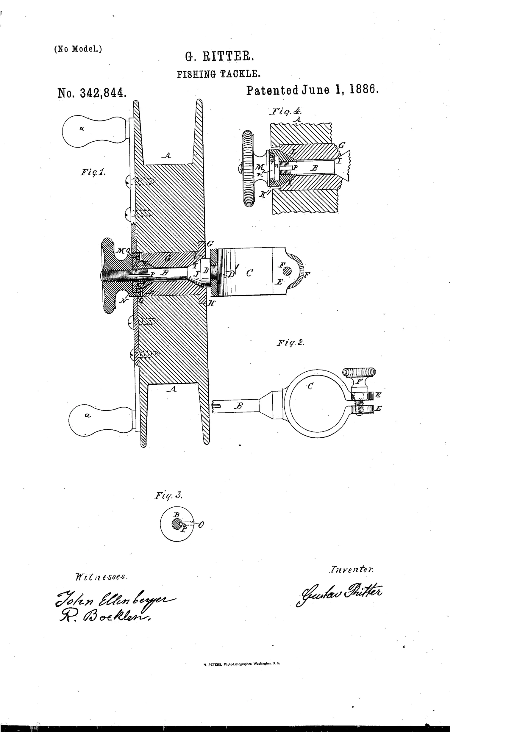 Patent drawing of a wooden fishing reel with two crank handles, shown in cross-section to reveal an internal spindle riding on conical bearings and a threaded adjusting nut, alongside a separate ring-shaped clamp-sleeve for mounting the reel onto a fishing rod.