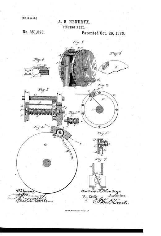Patent drawing of a cylindrical fishing reel with a crank handle, showing internal spool, double-threaded transverse shaft, and a sliding line guide mechanism, along with several detailed cross-section figures of the gear and dog components.