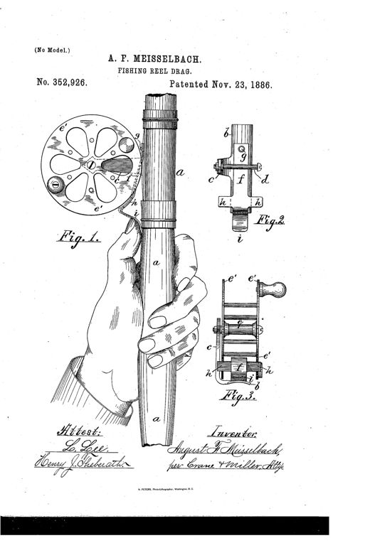 Patent drawing showing a hand gripping a fishing pole with a reel attached, alongside detailed mechanical views of the reel's spring-loaded drag mechanism with labeled parts including the foot, standard, spring, cross-bar, and thumb-piece.